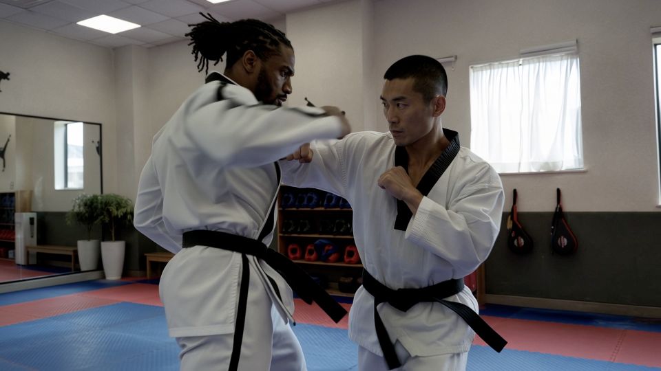 Two martial artists in a training hall, with changing shot sizes and camera movement.